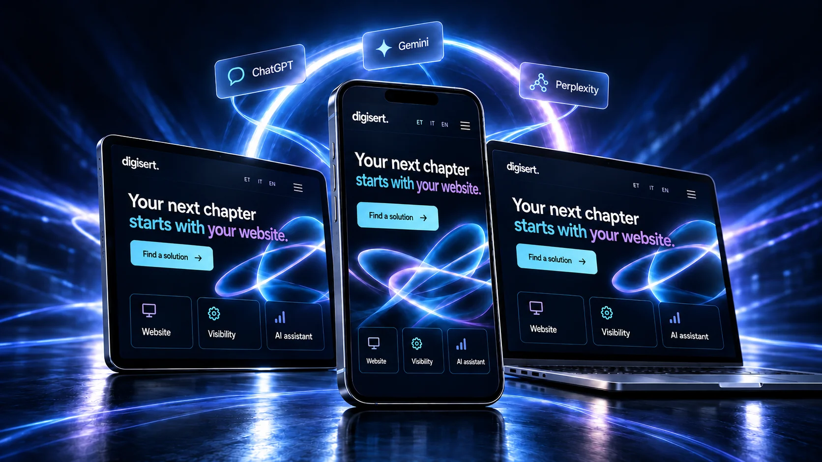 The same Digisert website on a laptop, tablet and smartphone